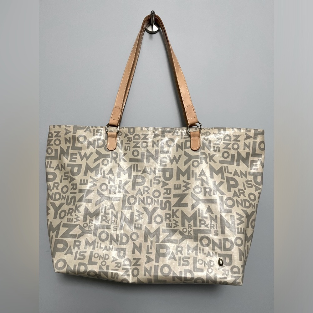 BTL large travel tote with city names and leather straps